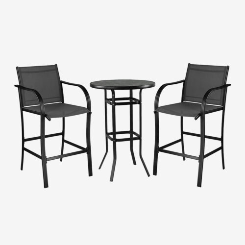 Mesa alta de bistró para terraza y sillas con asiento de malla para compradores mayoristas